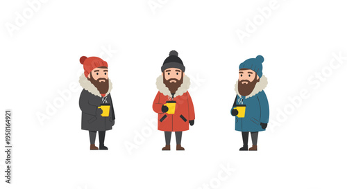 Three bearded men in colorful winter parkas and hats are standing, each holding a steaming yellow mug on a white background.