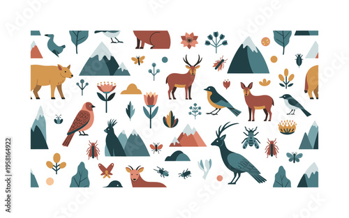 mountain endemic wildlife seamless pattern, special alpine animals birds flowers and insects living only in mountain regions arranged in a repeating pattern,