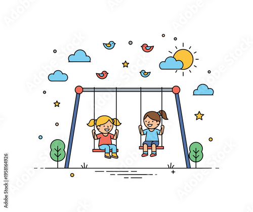 Playground laughter kids swinging under a bright sun while small birds and clouds add a cheerful park atmosphere. Friendly scene highlighting joy, motion, and