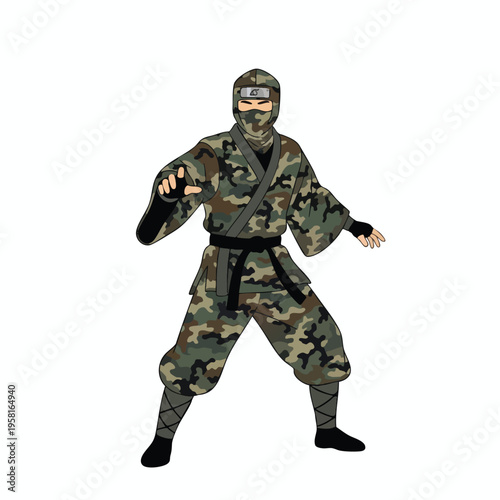 A cartoon ninja in camouflage attire stands with a defensive stance