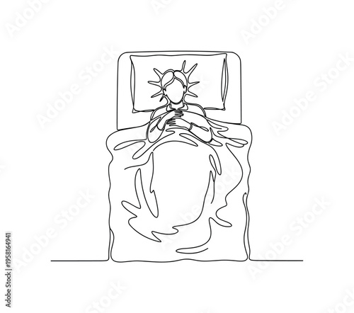 Nighttime Relaxation. Minimalistic one-line drawing person resting with blanket and pillow, symbolizing mental well-being through sleep, continuous single