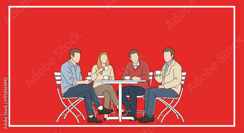 Four casually dressed people are sitting around a small table, each holding a cup, against a vibrant red background.