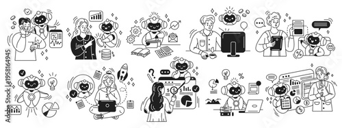 Line art illustration of artificial intelligence supporting people in data analysis and decisionmaking processes. Robots interact with humans in varied professional settings