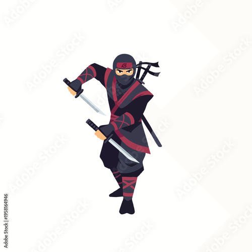 A ninja with dark attire, red accents, and two swords drawn, poised for action