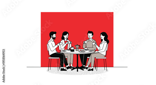 Four people sit around a round table drinking coffee with a red square background behind them.