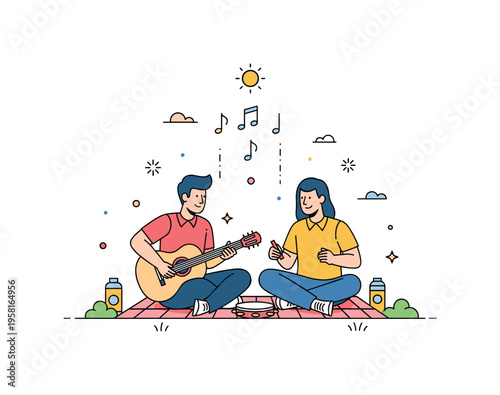 Acoustic park music casual musicians sitting on a picnic blanket with a guitar and small tambourine while soft music notes rise toward a tiny sun above. Warm