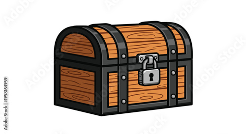 An angled wooden treasure chest with dark metal bands and a simple padlock is presented on a white background.