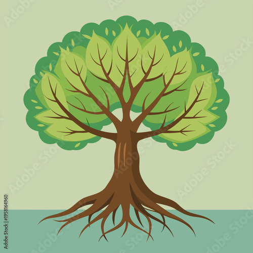 Cartoon Tree Illustration With Green Leaves and Roots