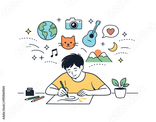 Creative self-expression. A simple scene showing a person painting or drawing, personal symbols emerging from the artwork, sense of identity and authenticity.