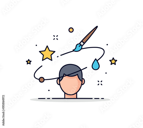 Creative mindset centered on a small human head silhouette with simple artistic symbols like a brush, star, and color drop orbiting around it. Conceptual