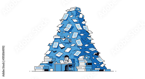 A man sits at a desk with a laptop, overwhelmed by a massive blue mountain of papers and folders.