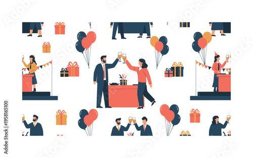 office celebration event seamless pattern, colleagues clinking glasses balloons gift boxes and small stage decorations arranged in a repeating pattern, white