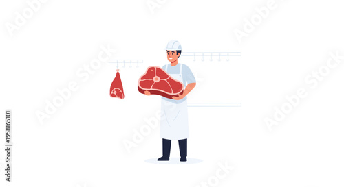 A male butcher in an apron is holding a large piece of fresh red meat in a cold storage room.