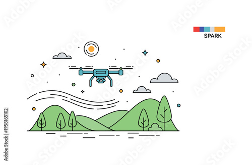 Drone exploring natural landscape compact quadcopter flying over a stylized valley with hills and trees while curved lines suggest smooth aerial movement.