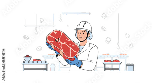 A female food worker in protective gear is holding a large piece of fresh red meat in a processing facility.