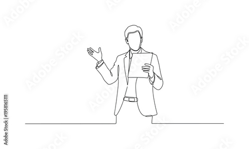 Expressive Poetry Recital. Minimalistic one-line drawing poet gesturing with hand while reading their poem to audience, continuous single black line on white
