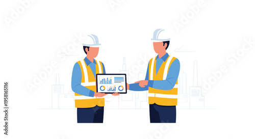 Two male factory workers in safety vests are discussing data displayed on a tablet in an industrial environment.