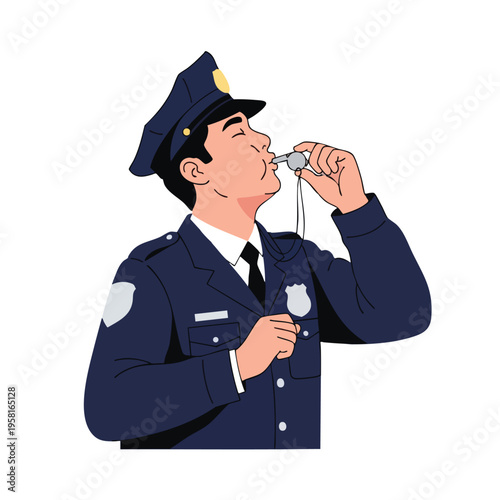 A man in a police uniform blows a whistle, with a badge and tie visible