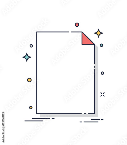 Blank paper page a single crisp sheet with a folded corner and minimal sparkle accents expressing clarity, simplicity and creative potential. Minimalist flat