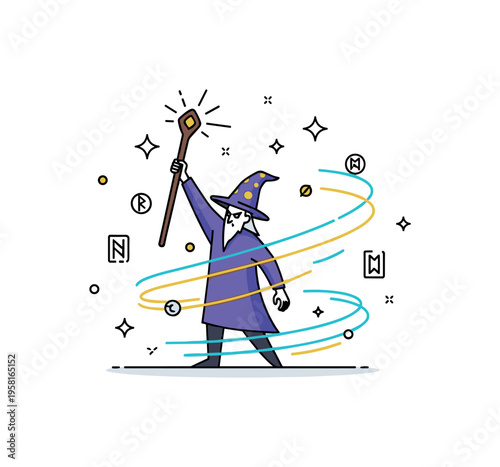 Evil sorcerer raising a magical staff with swirling energy lines representing powerful spell casting and supernatural influence. Subtle sparkles and rune icons