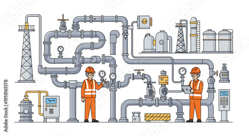 Two male workers in hard hats and orange safety vests inspect a dense network of grey pipes with valves and gauges in an industrial setting.