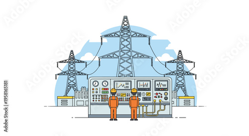 Two male engineers in hard hats and orange overalls observe a complex control panel with three power transmission towers in the background.