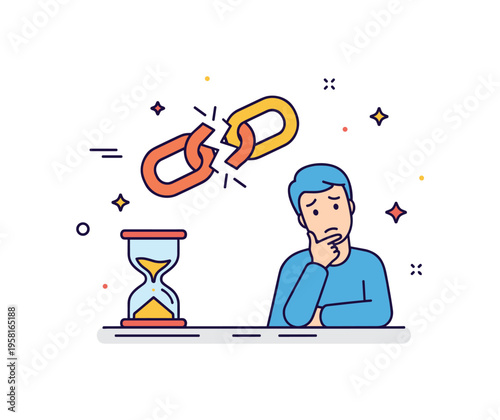 Mistakes and regret broken chain symbol beside a thoughtful figure while a small hourglass shows sand nearly gone. The composition reflects remorse over past