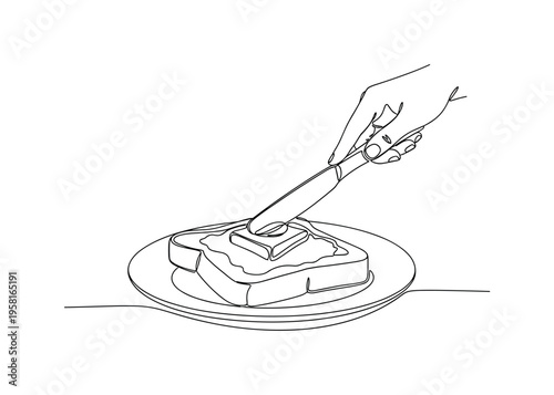 Breakfast Toast Spread. Minimalistic one-line drawing knife in hand spreading softened butter on toasted bread, continuous single black line on white