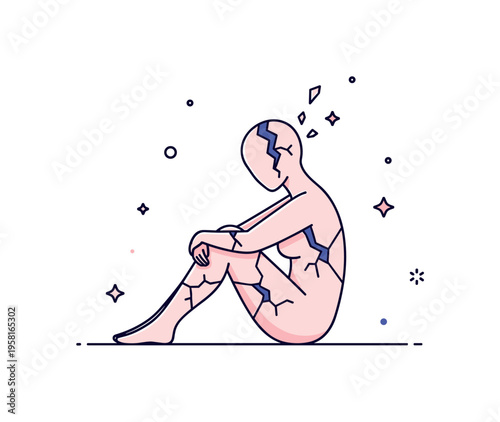 Inner emotional crack depicted by a seated figure with subtle fissures in the silhouette, tiny floating shards and stars suggesting vulnerability, reflection,