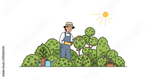 A smiling woman in a hat and overalls is trimming a topiary plant amidst a diverse garden with a bright sun overhead.