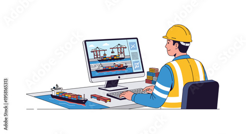 A man in a hard hat and vest is working on a computer displaying cargo ships and cranes, with a model ship on his desk.