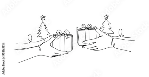 Gift-Giving Scene. Minimalistic one-line drawing hands exchanging wrapped presents in a festive Christmas setting, continuous single black line on white