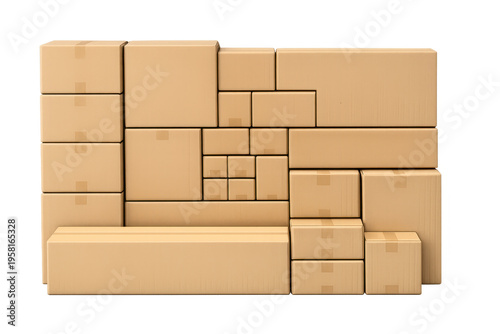 Stacked cardboard boxes creating wall on transparent background
