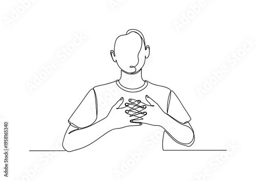 Gratitude Mindset. Minimalistic one-line drawing person holding hands near heart symbolizing gratitude and positive thinking, continuous single black line on