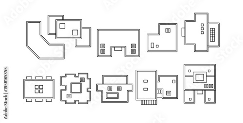 Collection of floor plans in abstract line art. Monochrome outlines display various building shapes for architectural design. Perfect for concept visuals.