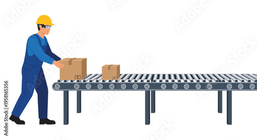 A worker in a blue overall, hard hat, and safety glasses is placing a cardboard box onto a roller conveyor belt.