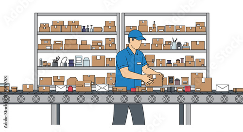 A worker in a blue uniform is sorting and arranging cardboard boxes on a conveyor belt in a busy warehouse setting.