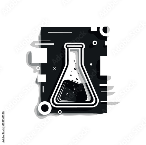 chemical flask with substance inside, geometric blocks lines and circles representing reaction and experimentation, black and white retro realistic flask with
