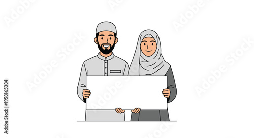 A smiling Muslim man and woman, dressed in traditional attire, are jointly holding a blank white rectangular sign.