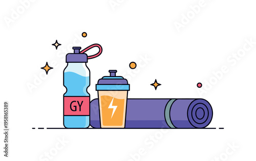 Gym hydration and nutrition water bottle and protein shake standing next to a yoga mat ready for a training session. Simple concept representing fitness