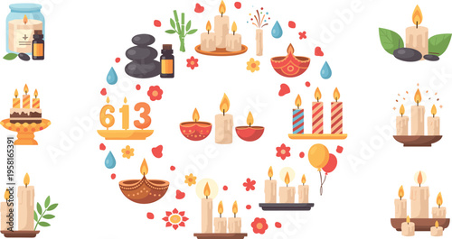 Decorative candle collection with birthday spa aromatherapy and festive lights floral elements vector illustration set