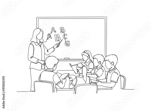 Literacy Classroom. Minimalistic one-line drawing teacher pointing at letters on board with students reading, continuous single black line on white background,
