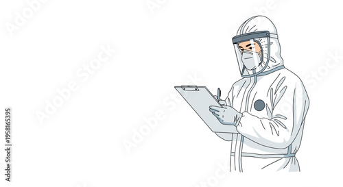 A person in a white hazmat suit, face shield, and mask is intently writing on a clipboard against a plain white background.