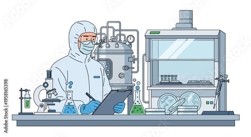 A scientist wearing a full protective suit and mask is meticulously writing on a clipboard at a laboratory bench filled with various scientific equipment.
