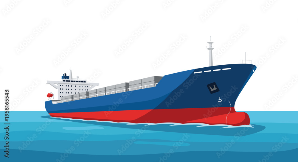 Fototapeta premium A large blue and red cargo ship is sailing through calm blue water, viewed from a low angle against a white background.