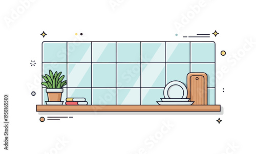 Backsplash tile kitchen design detail featuring a clean tile pattern behind a small shelf holding spices and utensils. The stylish scene captures the balance