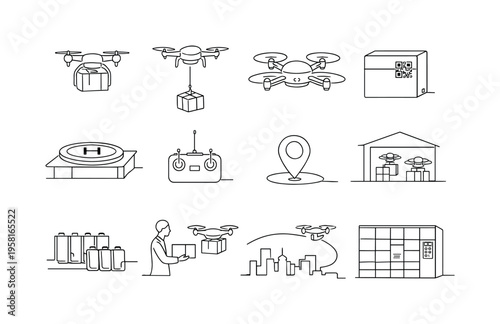 Drone Delivery Robots of the Future. Minimalistic set one-line drawing quadcopter drone with package, delivery drone lowering parcel by cable, autonomous drone