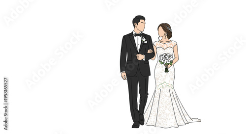 An illustrated groom in a black tuxedo and a bride in a white lace gown walk arm-in-arm against a plain white background.