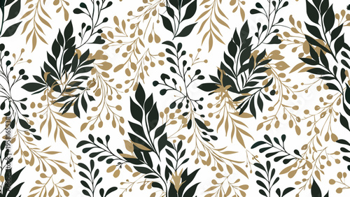 Elegant botanical pattern with black and gold leaves on white background