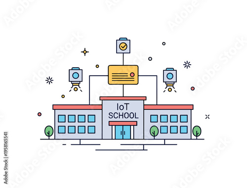 IoT enabled school campus illustrated by a simplified campus building with small sensor icons and a central data node, expressing automation and real time